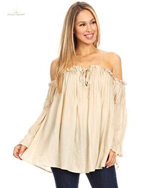 Semi Sheer Boho Peasant Off Shoulder Long Sleeve Blouse